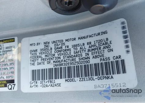 2005 Toyota Corolla Le z USA, uszkodzony, nr VIN 1NXBR32E95Z502090